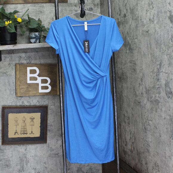 NWT 24Seven Comfort Apparel Womens Knit Faux Wrap Dress Blue M - Picture 1 of 5